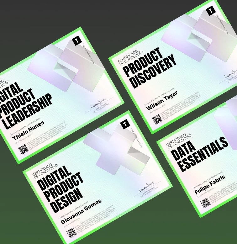 4 certificados da Tera na diagonal, sendo eles: Digital Product Leadership, Digital Product Design, Data Analytics e Product Discovery